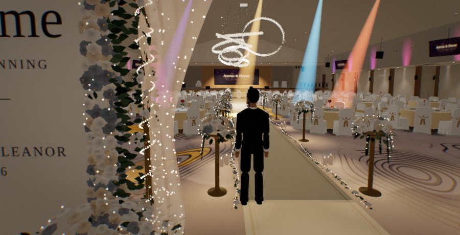 The reception hall in 3D: round tables, warm lights and the stage